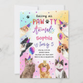 猫と犬パーティーポーティ動物ガール誕生日 招待状 (正面)