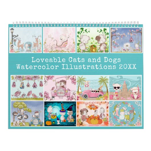 「猫と犬」かわいい水彩イラストレーション カレンダー (カバー)