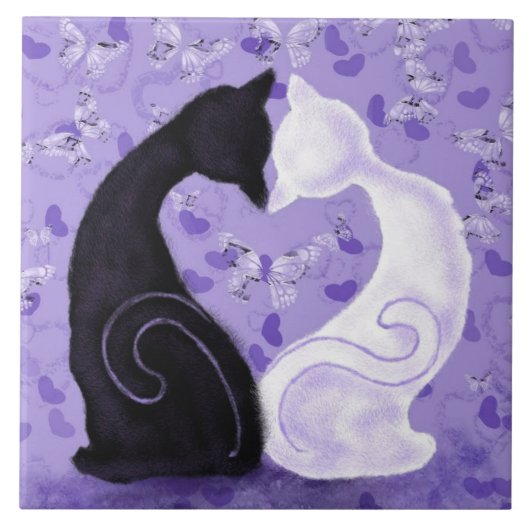 猫と猫の紫色のセラミックタイル – 美しい愛 タイル (正面)