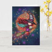 猫と箒に咲く小さな魔女 カード (黄色い花)