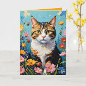 猫と花のグリーティングカード カード (黄色い花)