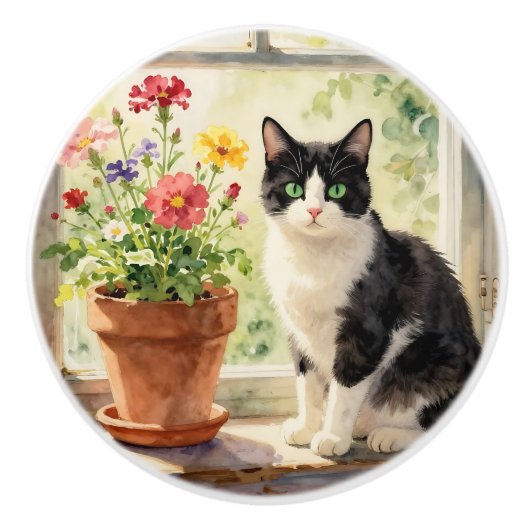 猫と花のテーマ セラミックノブ (正面)