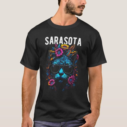 猫と花のデザインのサラソータ フロリダ Tシャツ (正面)