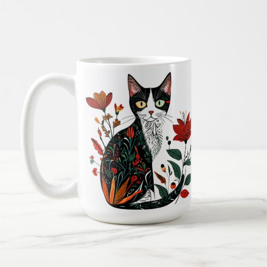 猫と花のデザインのペット愛好家向けコーヒーマグ コーヒーマグカップ (左)
