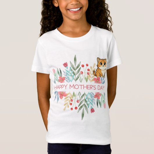 猫と花のデザインTシャツ Tシャツ (正面)