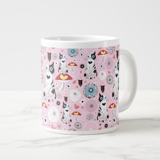 猫と花の模様 ジャンボコーヒーマグカップ (正面右)