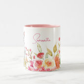 猫と花パーソナライズされたピンクと白 ツートーンマグカップ (中央)
