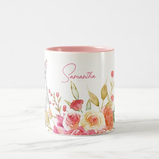 猫と花パーソナライズされたピンクと白 ツートーンマグカップ (中央)