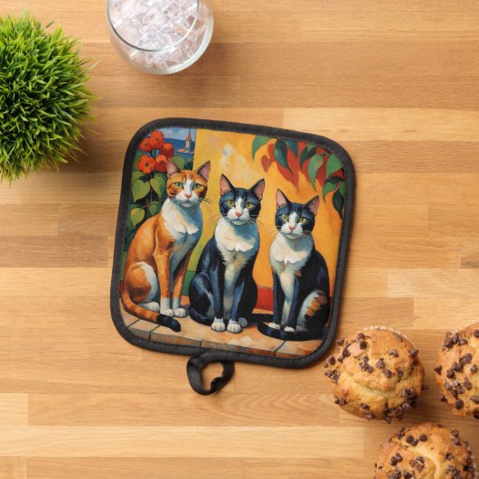 猫と花3匹 鍋敷き (トップダウン)
