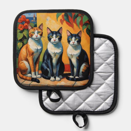 猫と花3匹 鍋敷き (正面/裏面)