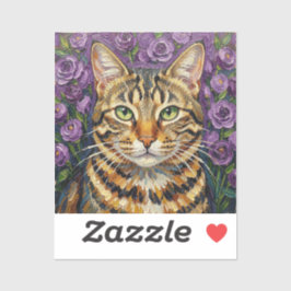 猫と花 | かわいいアーティスティックな灰色のタビー猫 シール