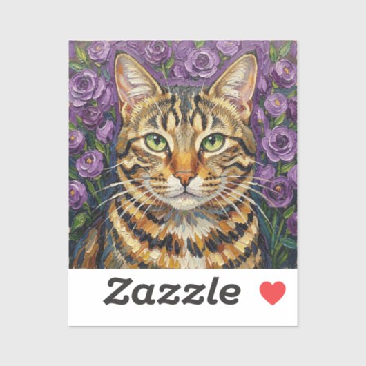 猫と花 | かわいいアーティスティックな灰色のタビー猫 シール (シート)