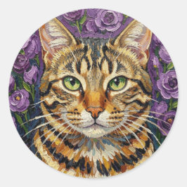猫と花 | かわいいアーティスティックな灰色のタビー猫 ラウンドシール