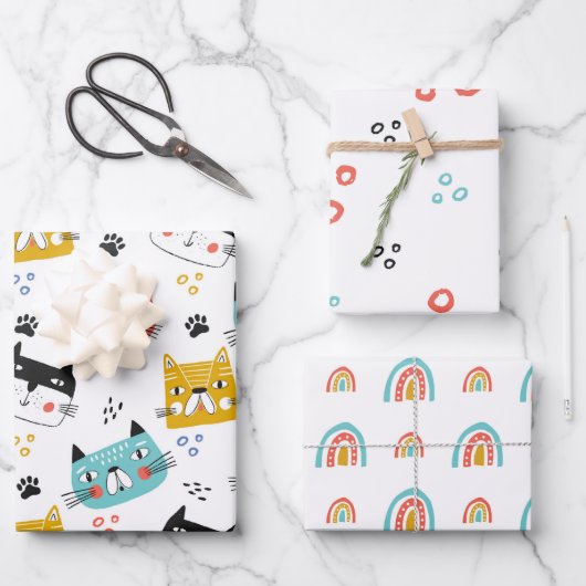 猫と虹のパターン ラッピングペーパーシート (正面)