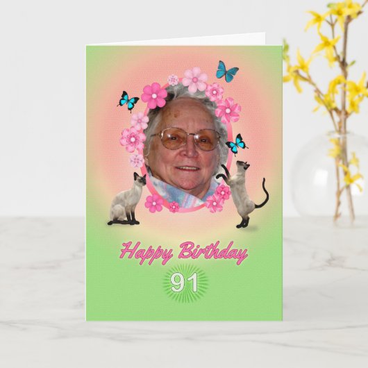 猫と蝶が登場する91枚目のフォトカード カード (黄色い花)