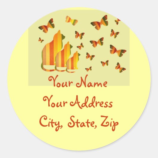 猫と蝶の住所ラベル ラウンドシール (正面)