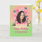 猫と蝶の名前と写真カード カード (黄色い花)