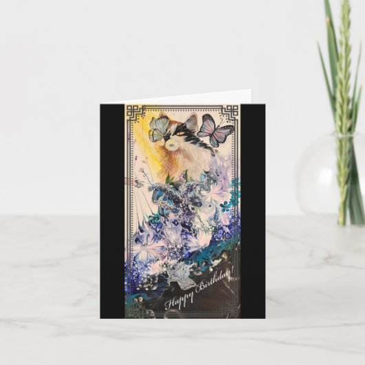 猫と蝶の誕生日カード サンキューカード (正面)