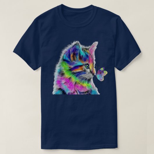 猫と蝶グラフィックカラー猫好き猫 Tシャツ (デザイン正面)