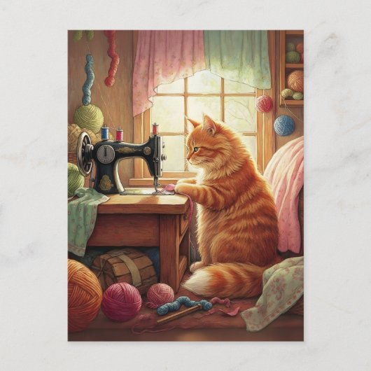 猫と裁縫に夢中 - 猫とミシン ポストカード (正面)