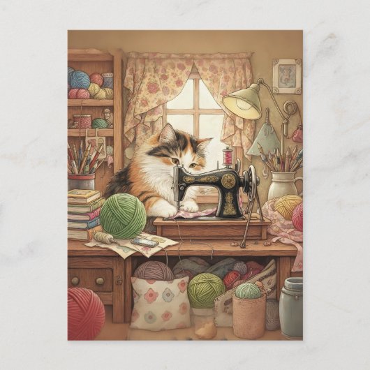 猫と裁縫に夢中 - 猫とミシン ポストカード (正面)
