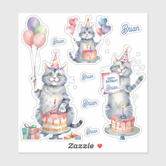 猫と誕生日をパーソナライズ シール (シート)
