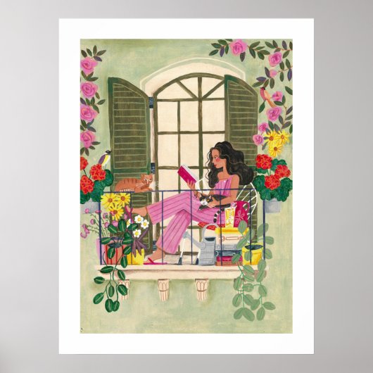 猫と読一緒に夏のバルコニーにいる女の子 ポスター (正面)