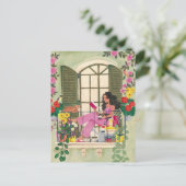 猫と読一緒に夏のバルコニーにいる女の子 ポストカード (スタンド正面)