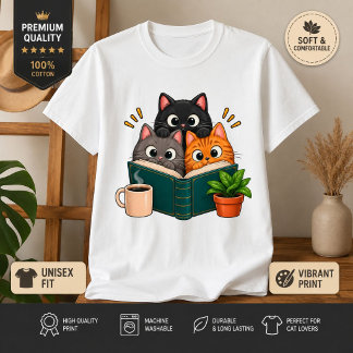 猫と読書 愛猫家のための猫グッズ 読書好きな猫好きさんへ Tシャツ