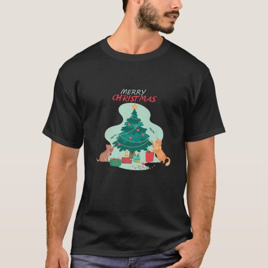 猫と贈り物とクリスマスツリーでクリスマスを楽しむ Tシャツ (正面)