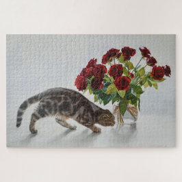 猫と赤いバラ - リアリスティックな油絵プリント ジグソーパズル