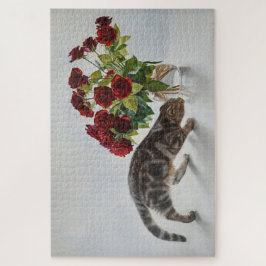 猫と赤いバラ - リアリスティックな油絵プリント ジグソーパズル