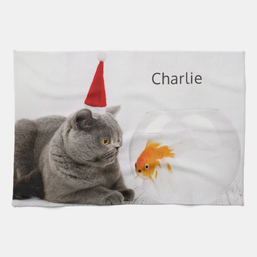猫と金魚の名前入りハンドタオル キッチンタオル (横)