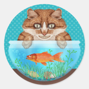 猫と金魚の鉢に飢えたニヤニヤおもしろい笑う子猫 ラウンドシール