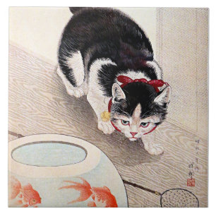 猫と金魚鉢のアート作品、 タイル