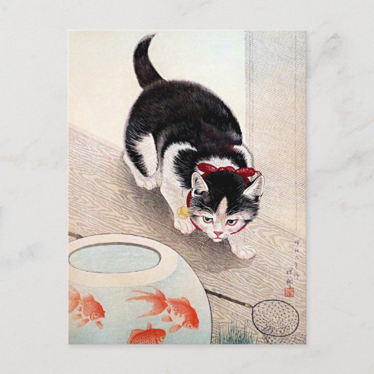 猫と金魚鉢のアート作品、 ポストカード (正面)