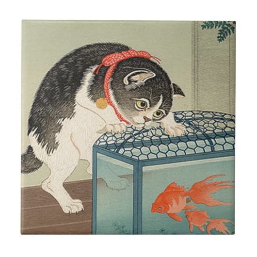猫と金魚、古邨猫及び金魚、Koson、Ukiyo-e タイル (正面)