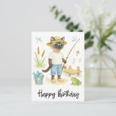 猫と釣り愛好家の誕生日釣り ポストカード (スタンド正面)