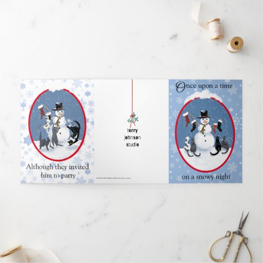  猫と雪だるまのユーモアあふれるクリスマストリフォルドカード 三つ折りクリスマスカード (外部)