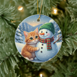 猫と雪だるまの友達 クリスマスの冬の仲間 セラミックオーナメント