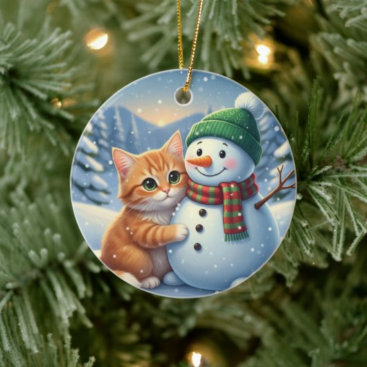 猫と雪だるまの友達 クリスマスの冬の仲間 セラミックオーナメント (ツリー)
