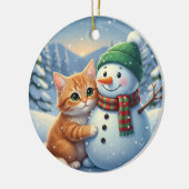 猫と雪だるまの友達 クリスマスの冬の仲間 セラミックオーナメント (左)