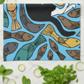 猫と魚が茶湯を珍しい キッチンタオル (折り畳み)