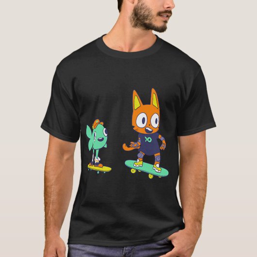 猫と魚のスケボー Tシャツ (正面)