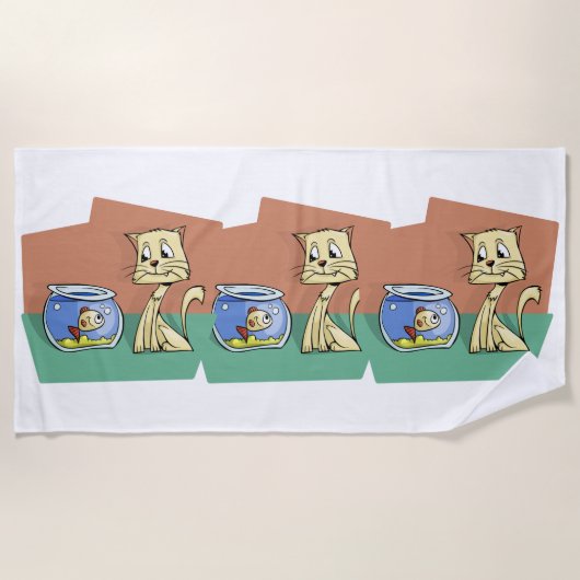 猫と魚のボウルのクリップアート ビーチタオル (正面)