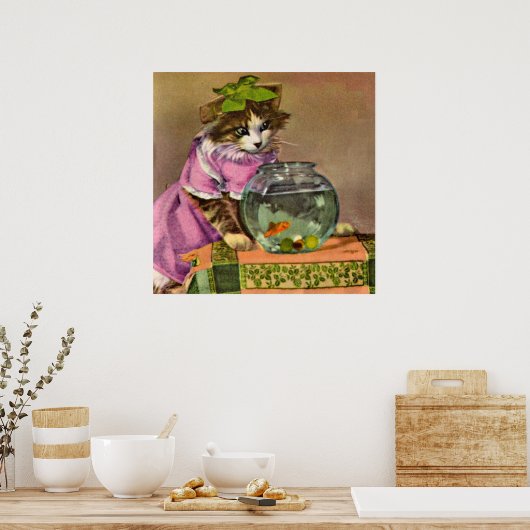 猫と魚の身を包む ポスター (キッチン)