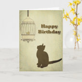 猫と鳥かご誕生日カード カード (黄色い花)