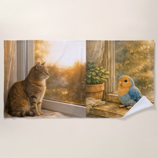 猫と鳥のあったかい窓辺 ビーチタオル (正面)