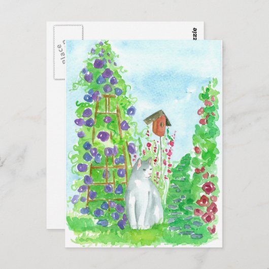 猫と鳥の小屋とフヨウ 夏の庭の花 ポストカード (正面/裏面)