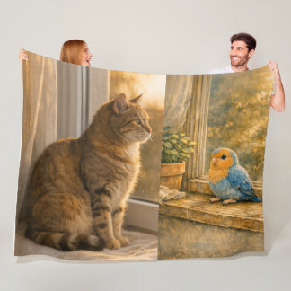 猫と鳥の窓辺の仲間たち フリースブランケット